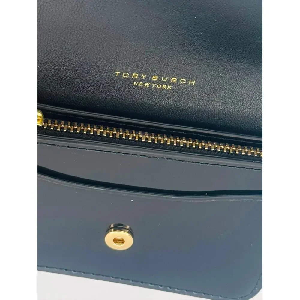 $175 Tory Burch Flap Card Case Wallet Black Patent Leather Gold Key Chain